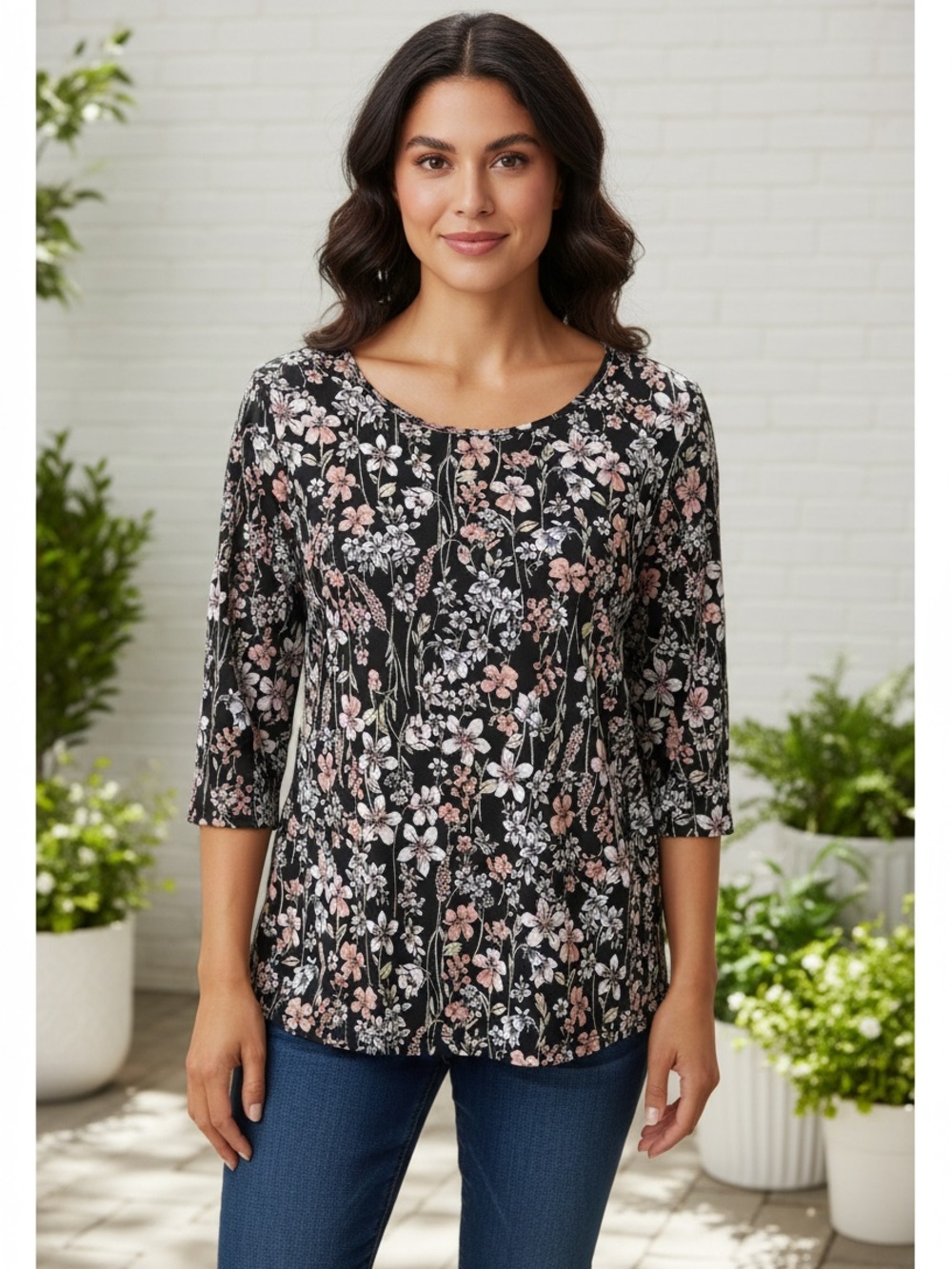 Tommy Hilfiger floral blouse scoop neck floral black pink quarter sleeve mesh XL - Picture 1 of 13